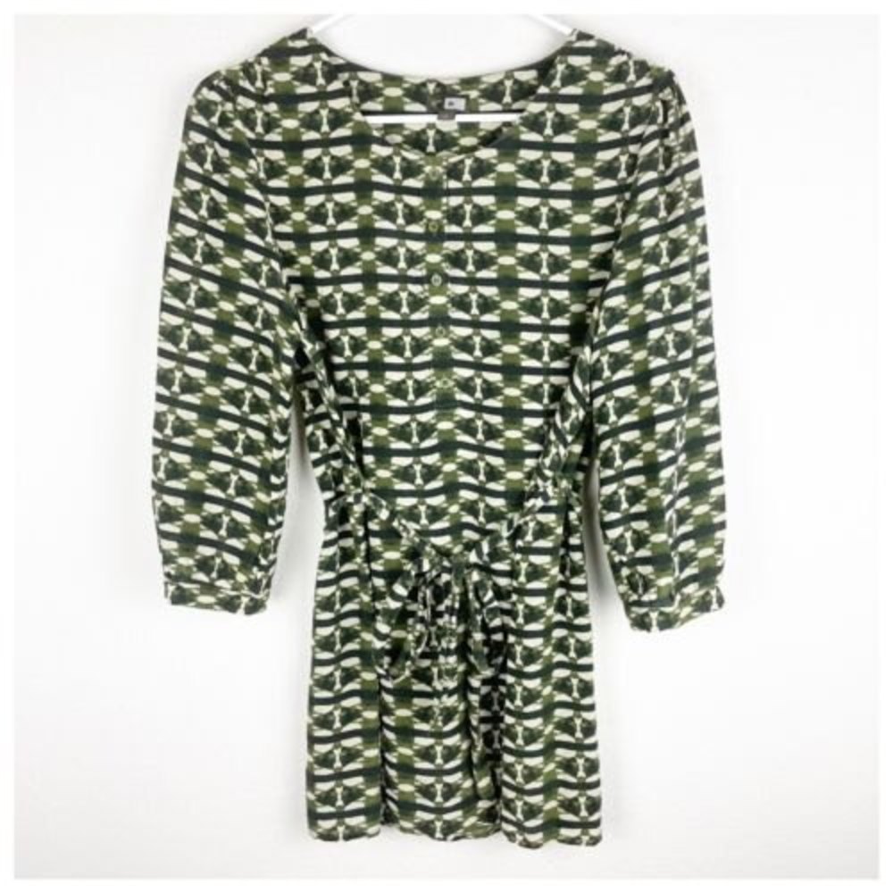 Anthropologie fei Womans Olive Green Geometric Print Silk Tunic Blouse Size 6​​